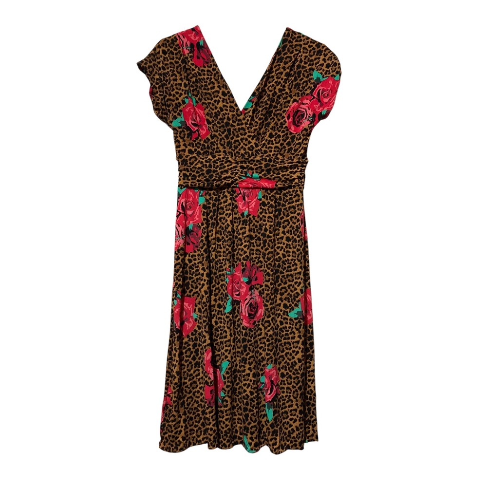 IMAN Leopard Rose Print V-Neck Midi Dress Brown Red Floral Size SP